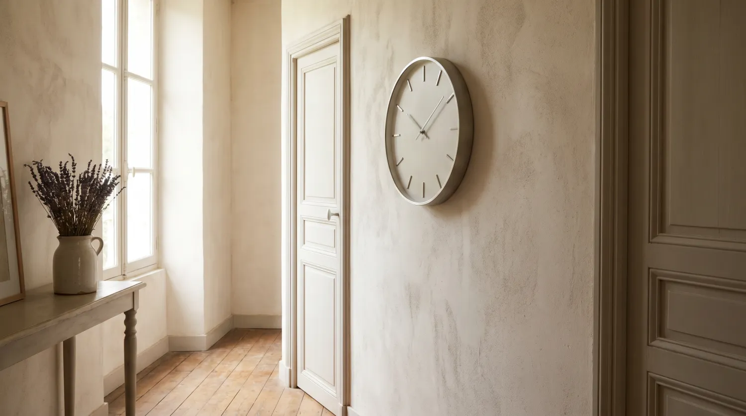 Horloge murale épurée dans une entrée lumineuse