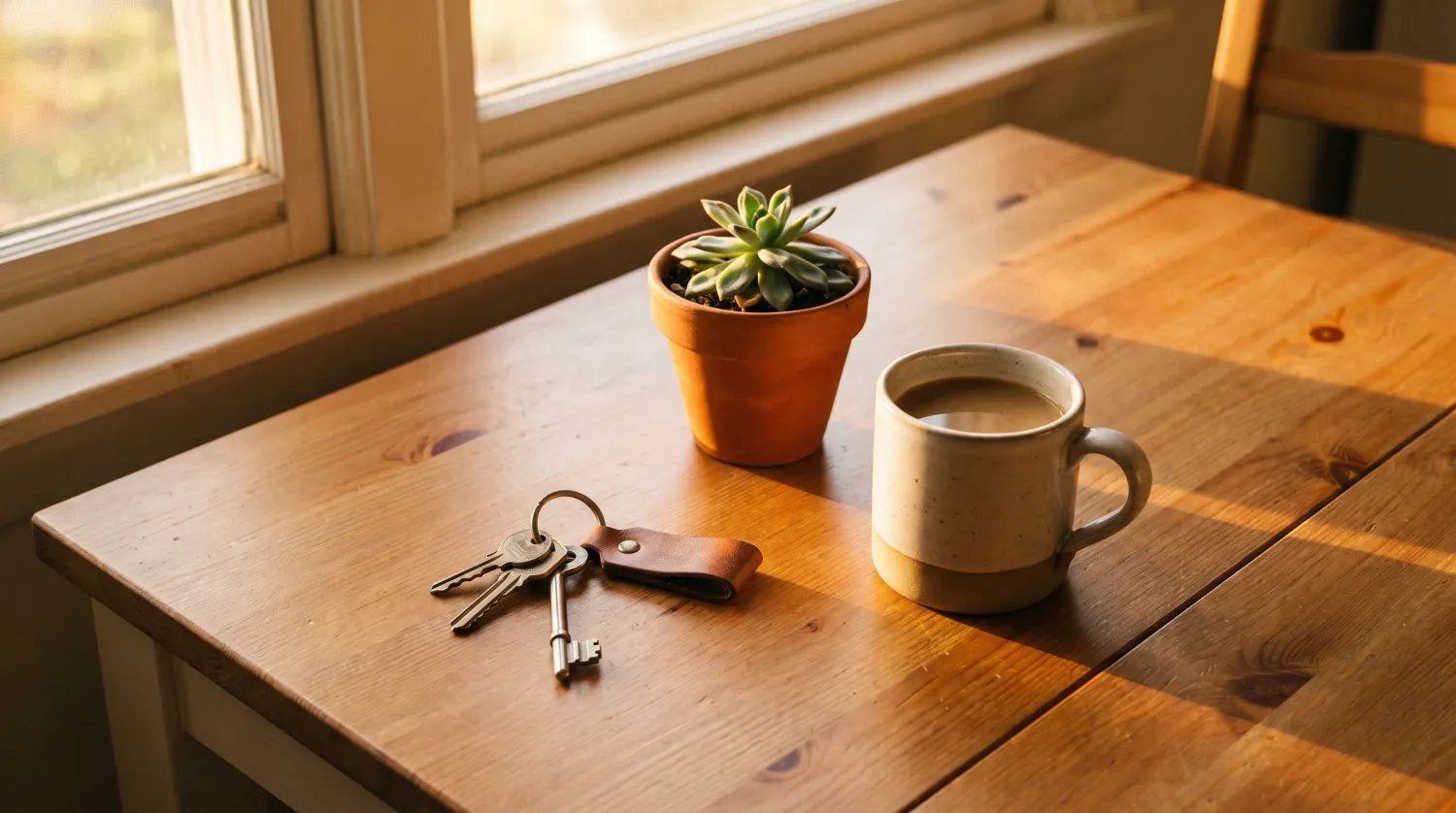 Clés, plante grasse et tasse de café sur une table de cuisine ensoleillée