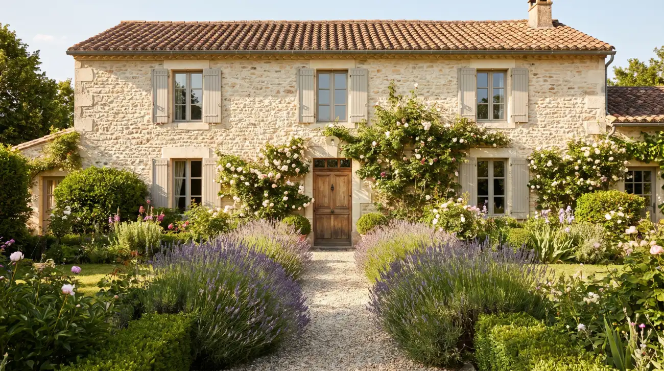 Maison de campagne française en pierre avec jardin de lavande