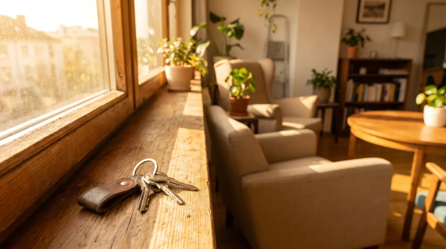 Trousseau de clés sur le rebord d'une fenêtre d'un appartement meublé lumineux