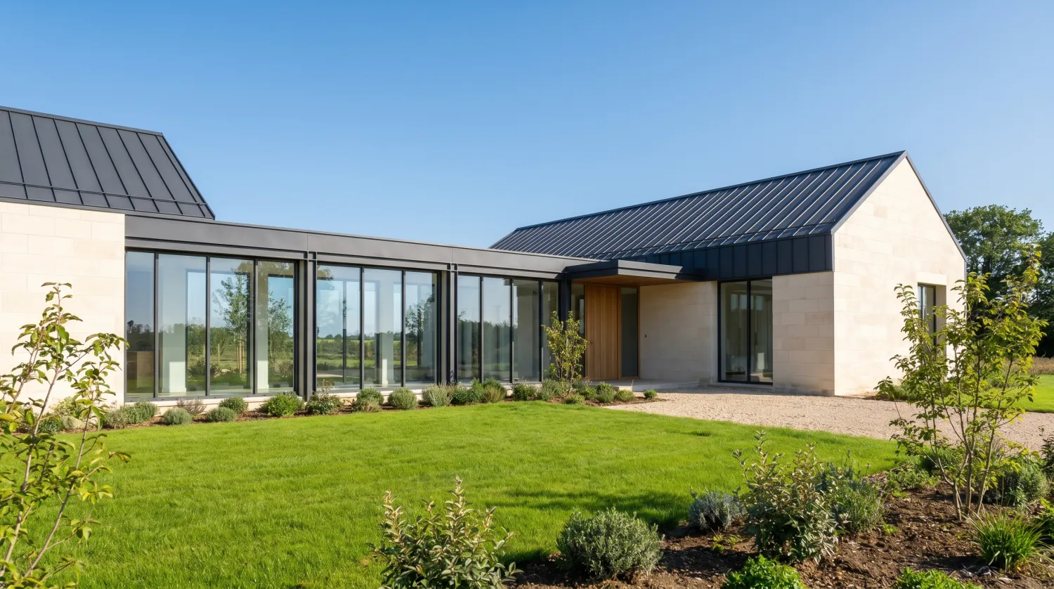 Maison neuve contemporaine aux grandes baies vitrées et pelouse
