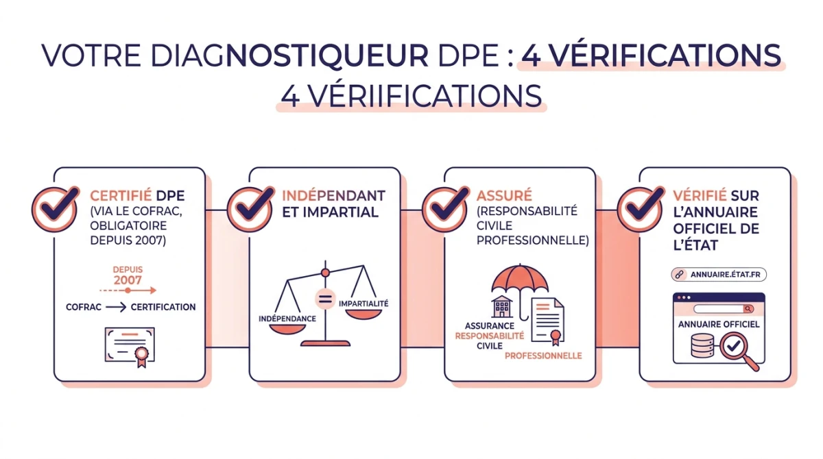 Infographie des 4 vérifications pour choisir son diagnostiqueur DPE : certifié via le COFRAC, indépendant, assuré, vérifié sur l'annuaire officiel