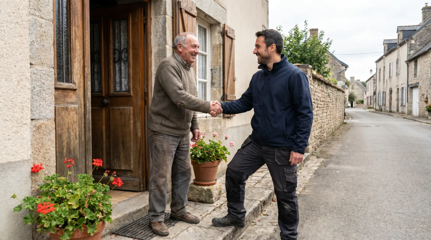 Propriétaire serrant la main d'un diagnostiqueur sur le pas de la porte d'une maison de village