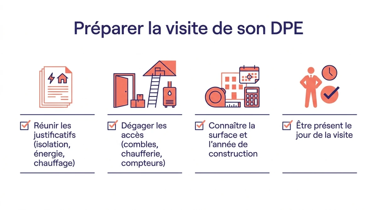 Infographie pour préparer la visite du DPE : réunir les justificatifs, dégager les accès, connaître surface et année, être présent le jour J