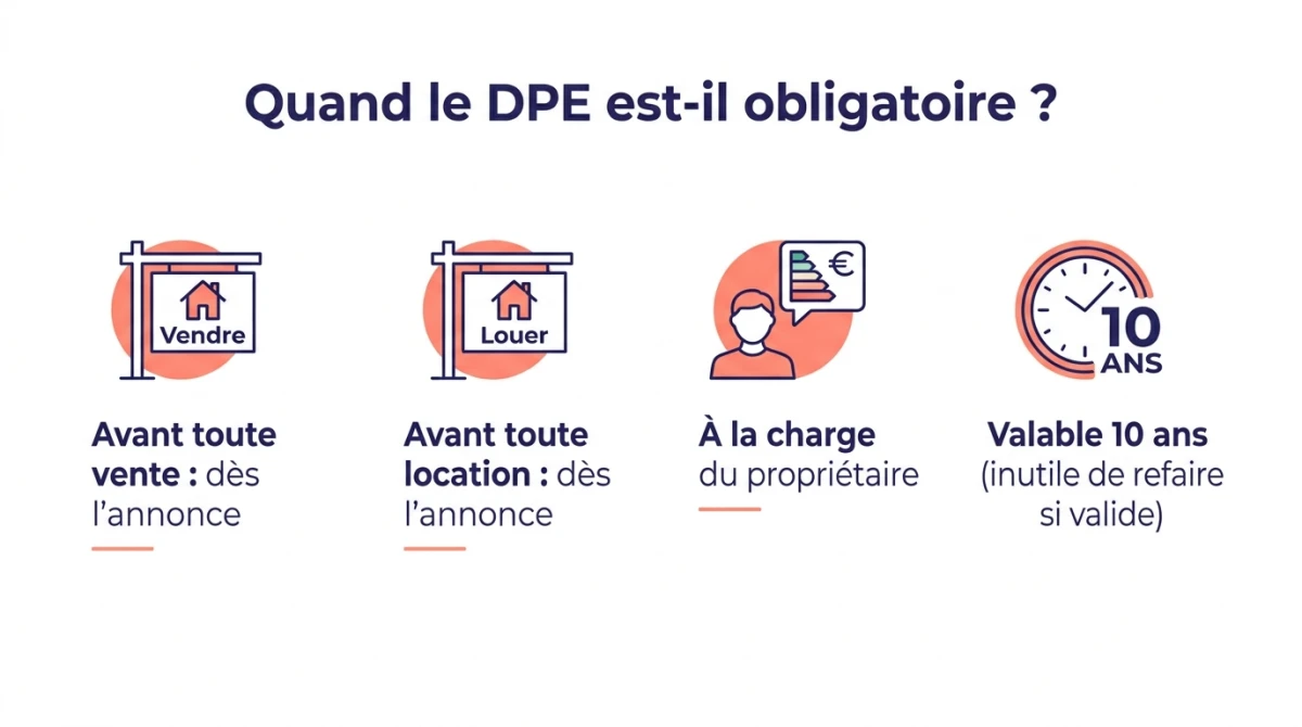 Infographie : quand le DPE est obligatoire, avant toute vente et toute location dès l'annonce, à la charge du propriétaire, valable 10 ans