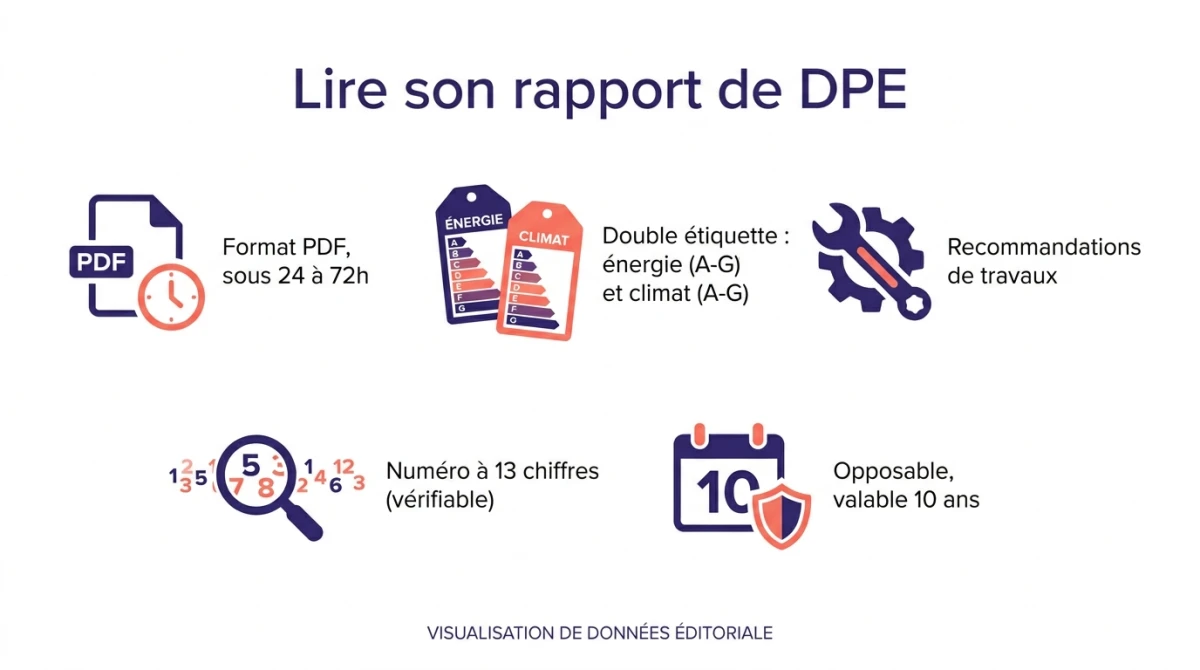 Infographie pour lire son rapport de DPE : format PDF, double étiquette énergie et climat, recommandations de travaux, numéro à 13 chiffres, opposable et valable 10 ans